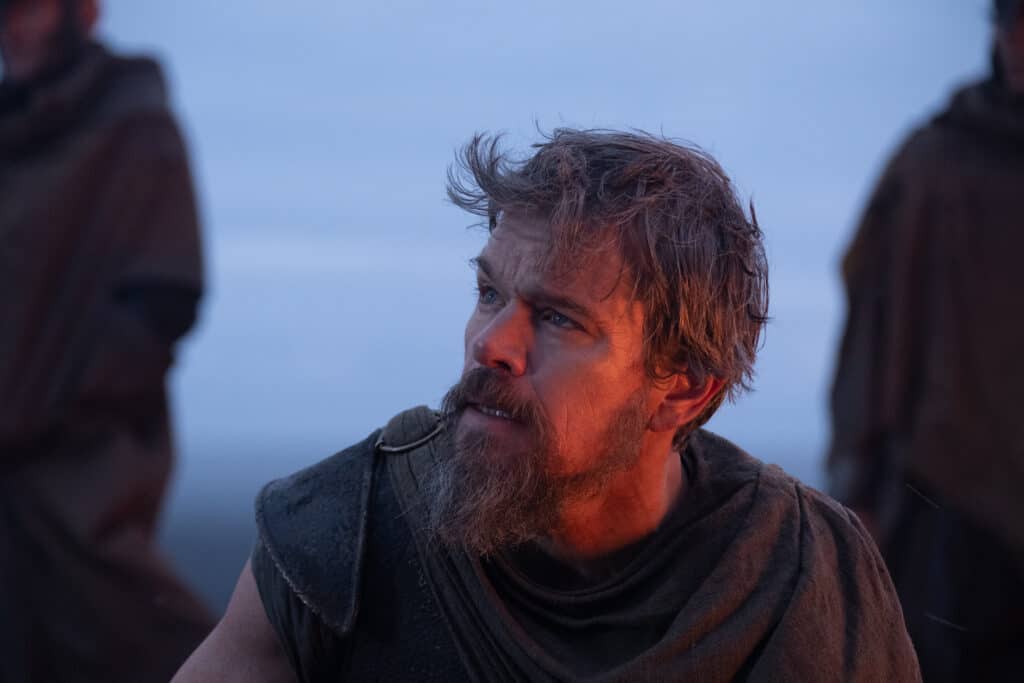 A closeup of Matt Damon as Odysseus in The Odyssey.